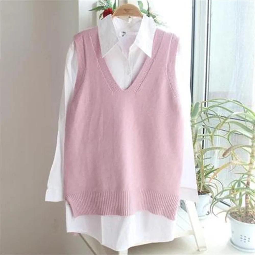 Korean Women Knitted Sweater Sleeveless College Style Women Loose Vest Ladies V-Neck Pullover Tops Female Waistcoat Pull Femme