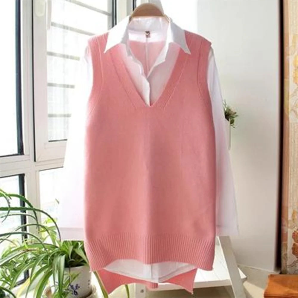 Korean Women Knitted Sweater Sleeveless College Style Women Loose Vest Ladies V-Neck Pullover Tops Female Waistcoat Pull Femme