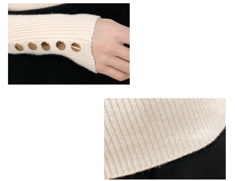 Knitted Turn-down Turtleneck Women Sweater Button Long Sleeve Pullovers Autumn Winter Basic Femme Sweaters Slim Solid Pull Tops