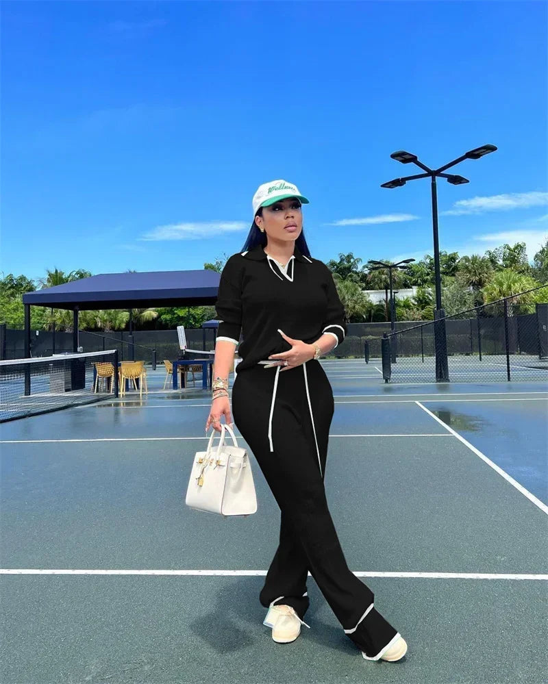 Autumn Winter Knitting Casual Tracksuit for Women Two Piece Set Sportwear Striped Sweater Top and Wide Leg Pants Jogging Femme