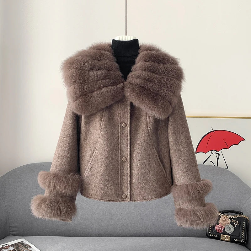KMETRAM Natural Fox Fur Collar Coat Discount Price With Pockets Warm Fur Winter 2025 New Style Women's Coat manteaux hiver femme