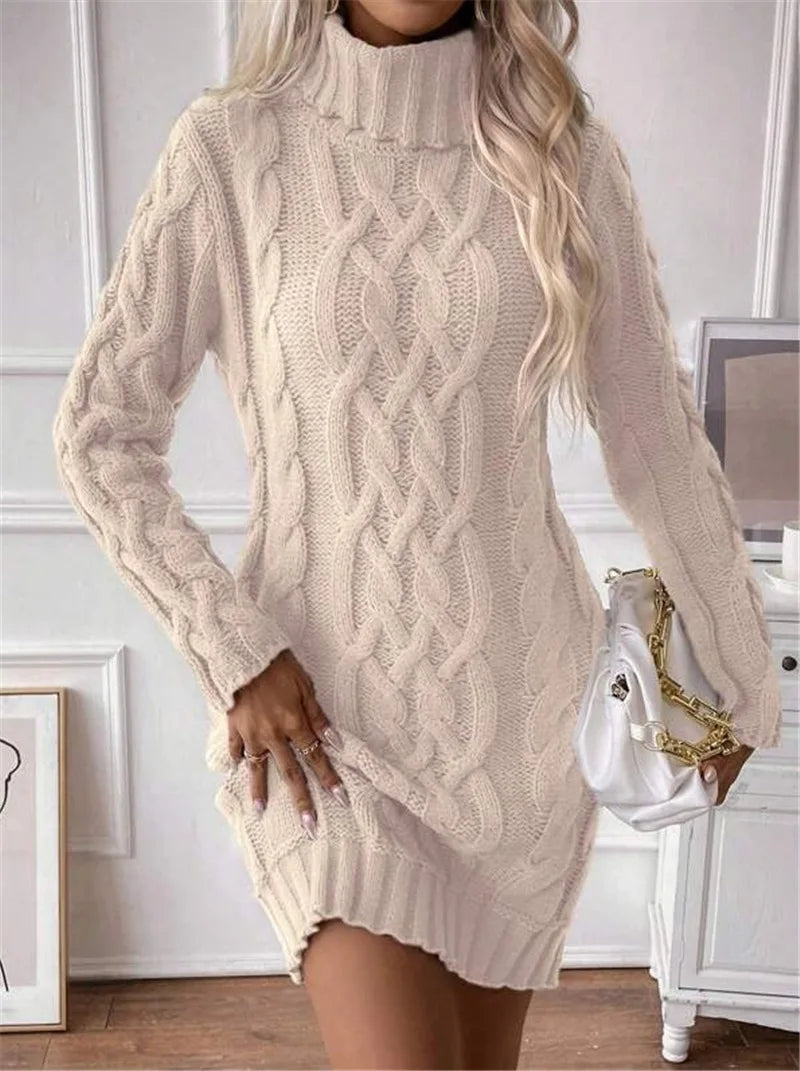 Winter Clothes Woman Pulls Femmes High Neck Vestidos Slim Fit Sweater Knitted Long Sleeve Dress All-match Simple Style Commuting