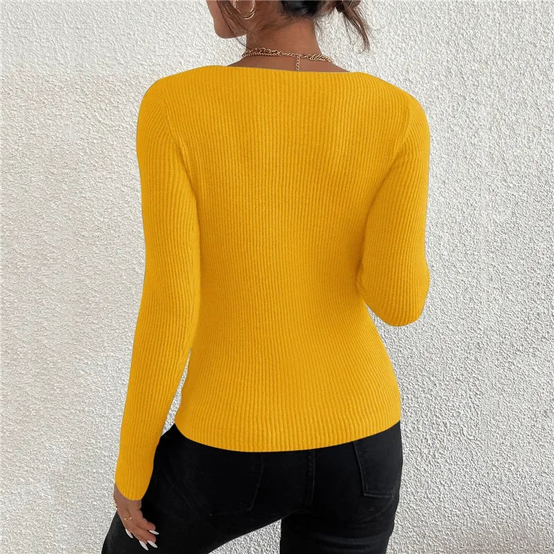 HELIAR 2024 Autumn Winter Women Solid Rib Knit V Neck Stripe Pull Sweater Femme Y2k Long Sleeve Pullover Jersey Tops Fashion
