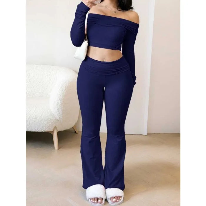 Casual Workout Two Piece Sets Woman Outfits Crop Long Sleeves Tops Foldover Flare Pants Tracksuit Suit Summer and Fall 2025 New