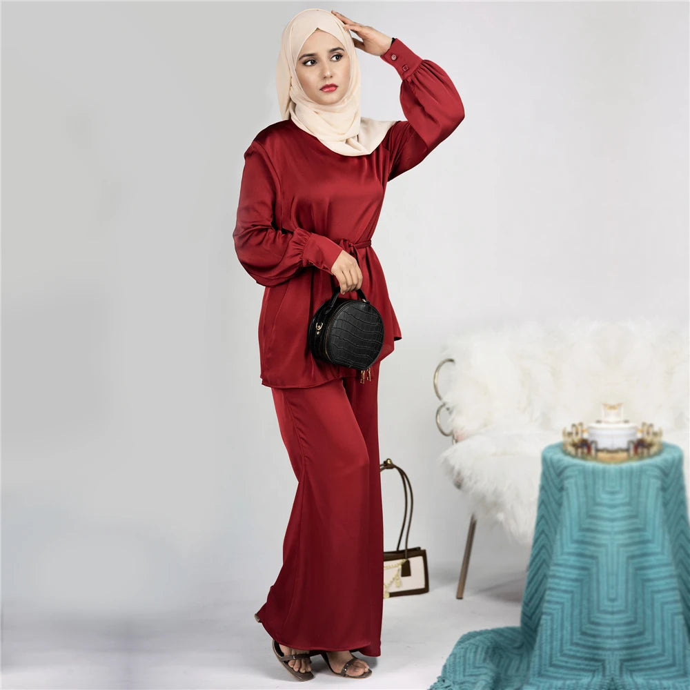Satin Turkey Dress Two Pieces Trouser Tops Pants Blouse Set Muslim Suit Woman Ramadan Eid Abaya Kaftan Femme Musulmane Ensembles