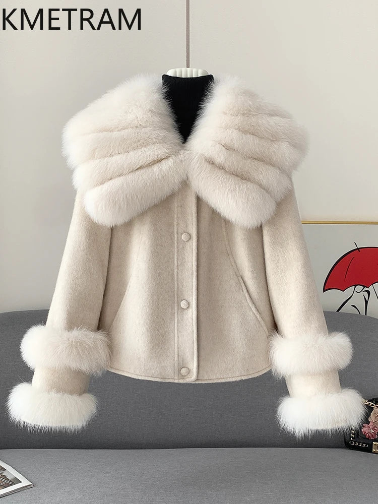 KMETRAM Natural Fox Fur Collar Coat Discount Price With Pockets Warm Fur Winter 2025 New Style Women's Coat manteaux hiver femme