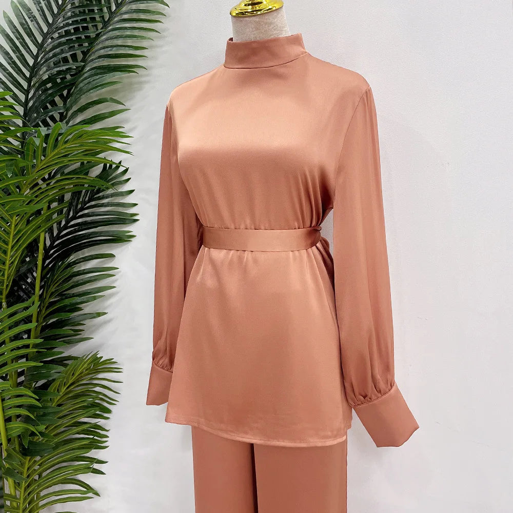 Satin Turkey Dress Two Pieces Trouser Tops Pants Blouse Set Muslim Suit Woman Ramadan Eid Abaya Kaftan Femme Musulmane Ensembles