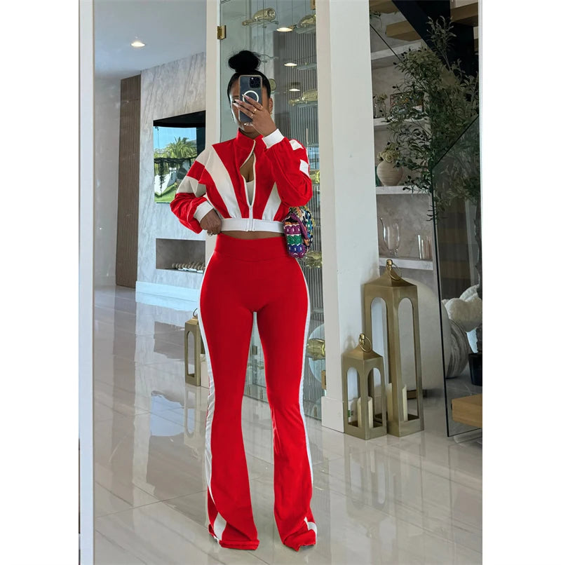 Doyerl Two Piece Sets Woman Tracksuit Sportwear Fitness Long Sleeve Cropped Jacket Top and Flare Pants Jogging Femmes Ensemble