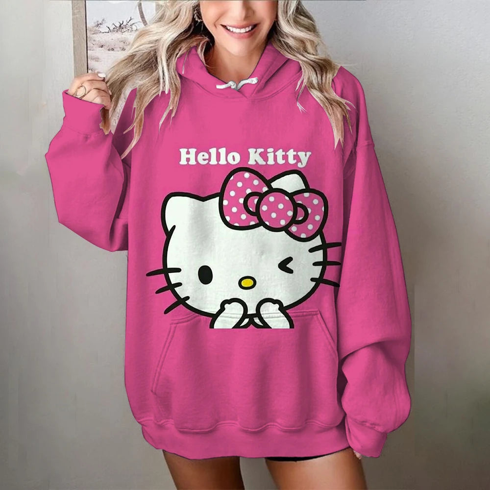 Women Y2K Hoodies Harajuku Hello Kitty Print Loose Sweatshirt Trousers Hip Hop Punk Long Sleeve Pocket Sweatpant Streetwear Tops