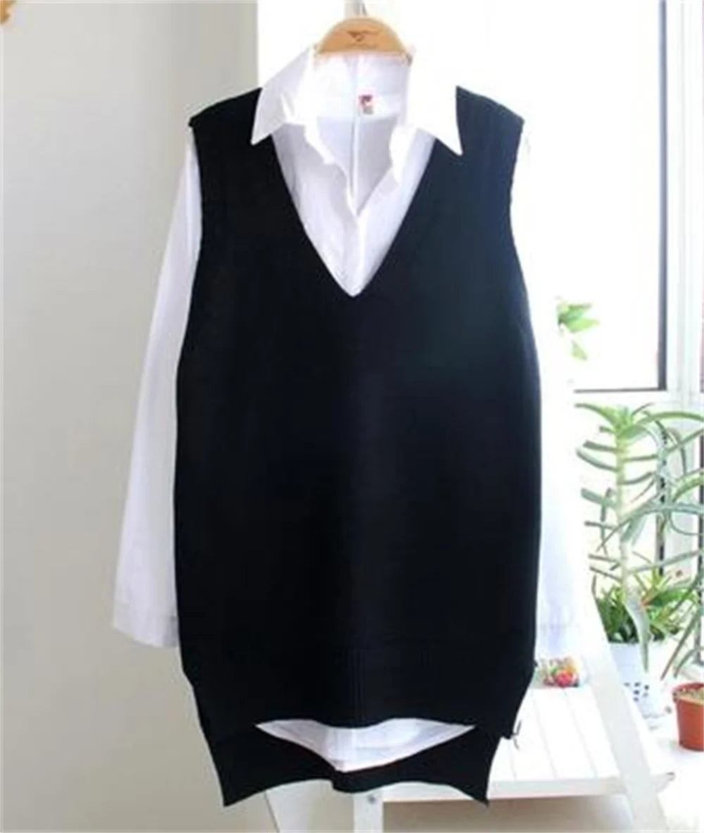 Korean Women Knitted Sweater Sleeveless College Style Women Loose Vest Ladies V-Neck Pullover Tops Female Waistcoat Pull Femme