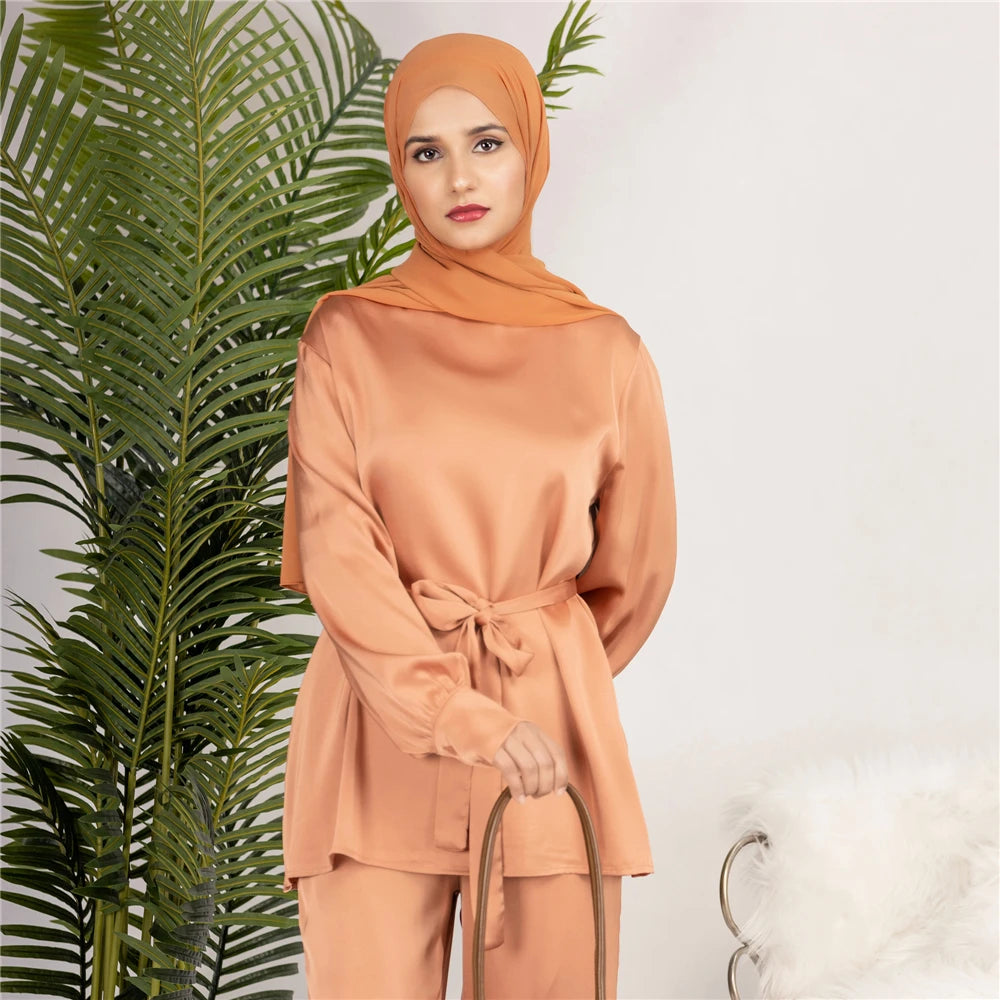 Satin Turkey Dress Two Pieces Trouser Tops Pants Blouse Set Muslim Suit Woman Ramadan Eid Abaya Kaftan Femme Musulmane Ensembles