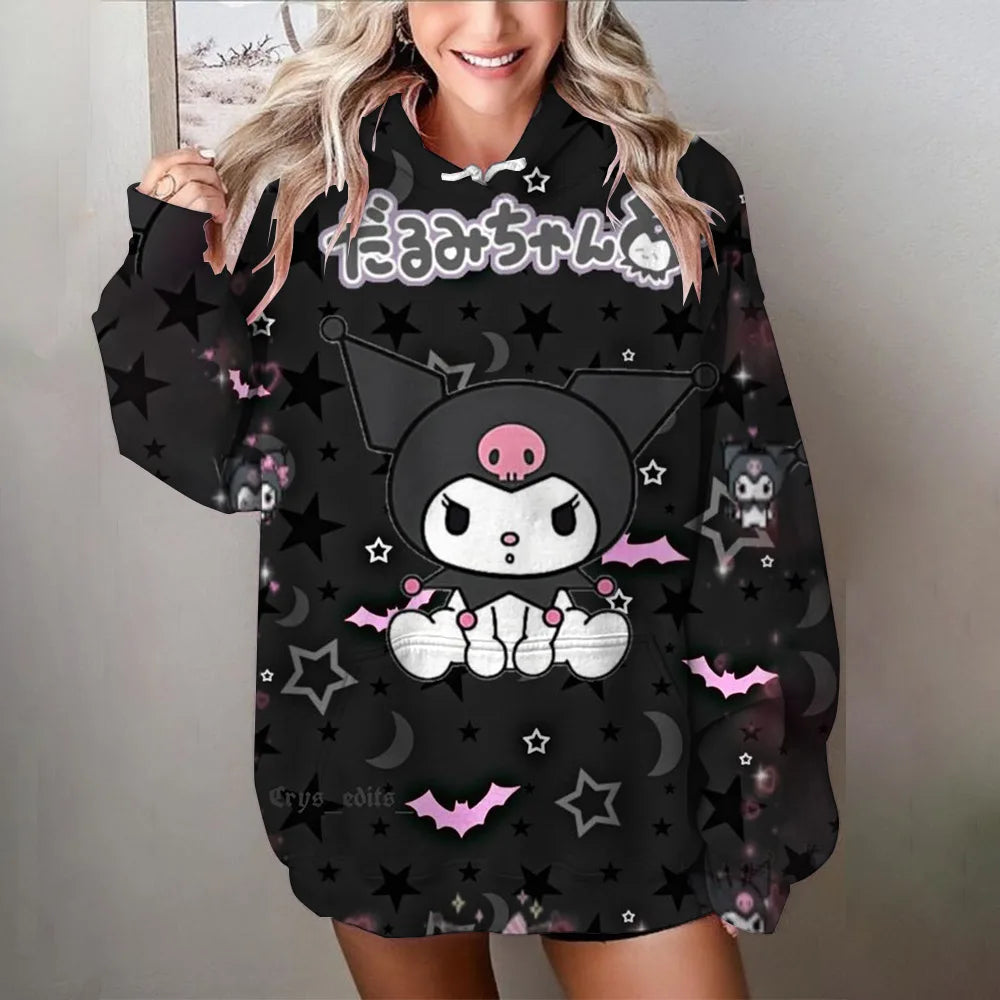 Women Y2K Hoodies Harajuku Hello Kitty Print Loose Sweatshirt Trousers Hip Hop Punk Long Sleeve Pocket Sweatpant Streetwear Tops