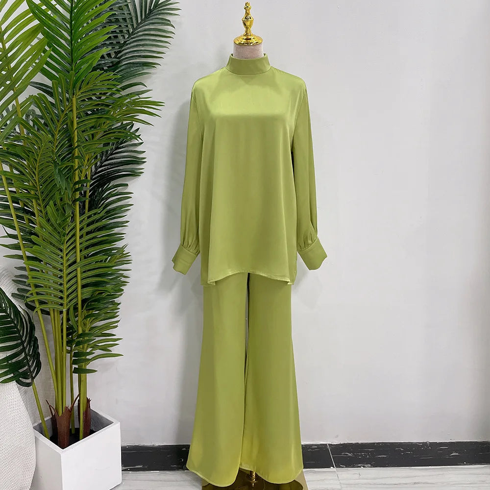 Satin Turkey Dress Two Pieces Trouser Tops Pants Blouse Set Muslim Suit Woman Ramadan Eid Abaya Kaftan Femme Musulmane Ensembles