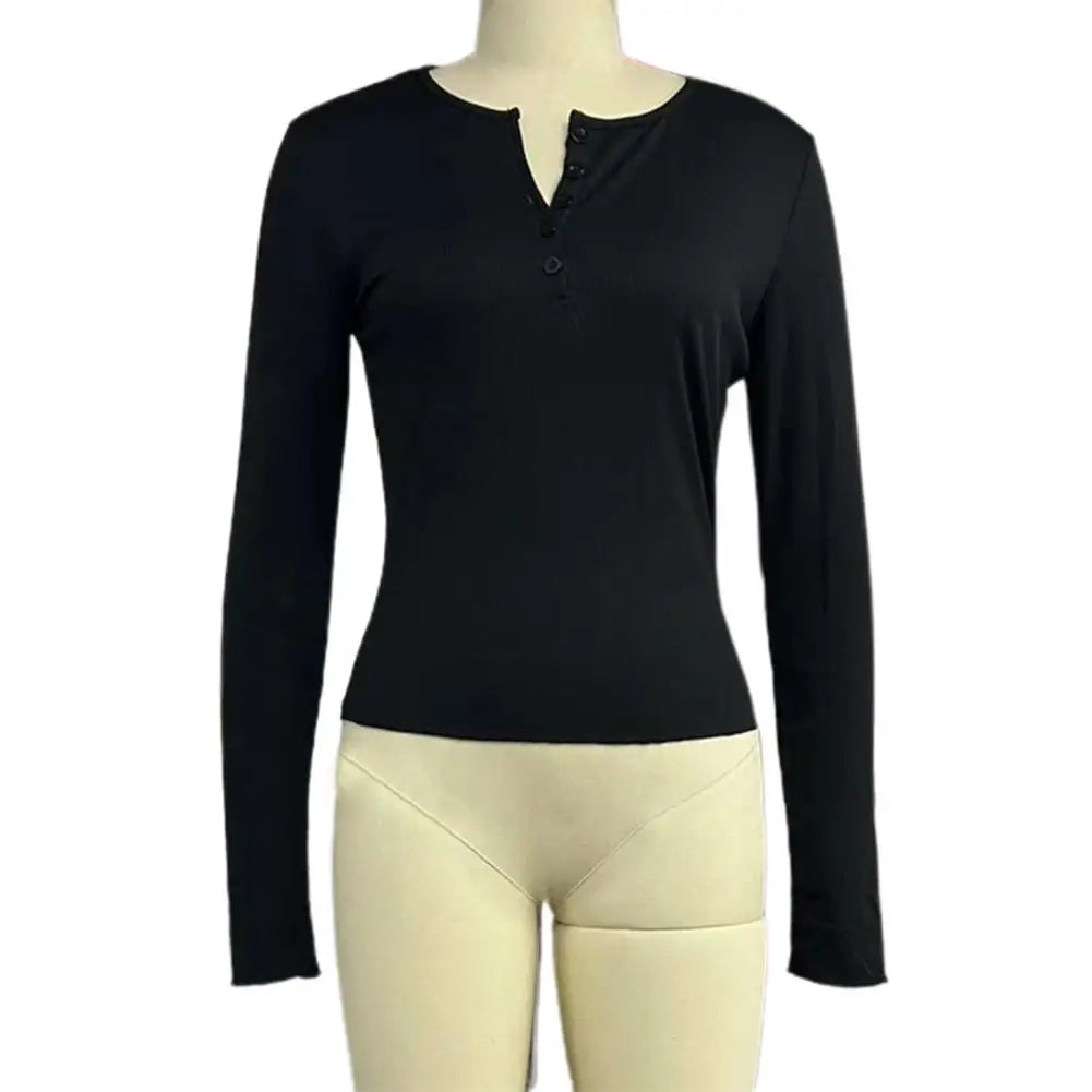 Women Autumn Spring Top O Neck Button Long Sleeve Slim Fit Pullover Soft Breathable Elastic Simple Style Women T-shirt Blouse