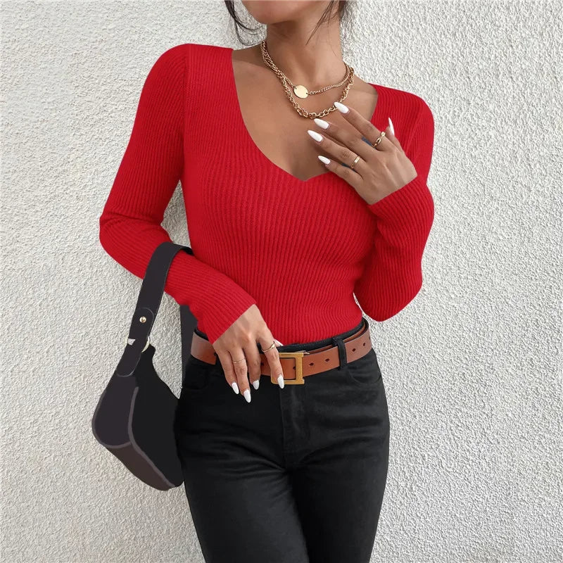 HELIAR 2024 Autumn Winter Women Solid Rib Knit V Neck Stripe Pull Sweater Femme Y2k Long Sleeve Pullover Jersey Tops Fashion
