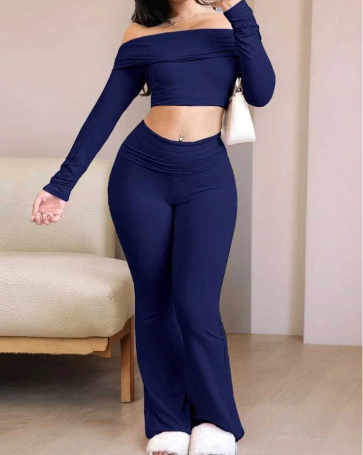 Casual Workout Two Piece Sets Woman Outfits Crop Long Sleeves Tops Foldover Flare Pants Tracksuit Suit Summer and Fall 2025 New