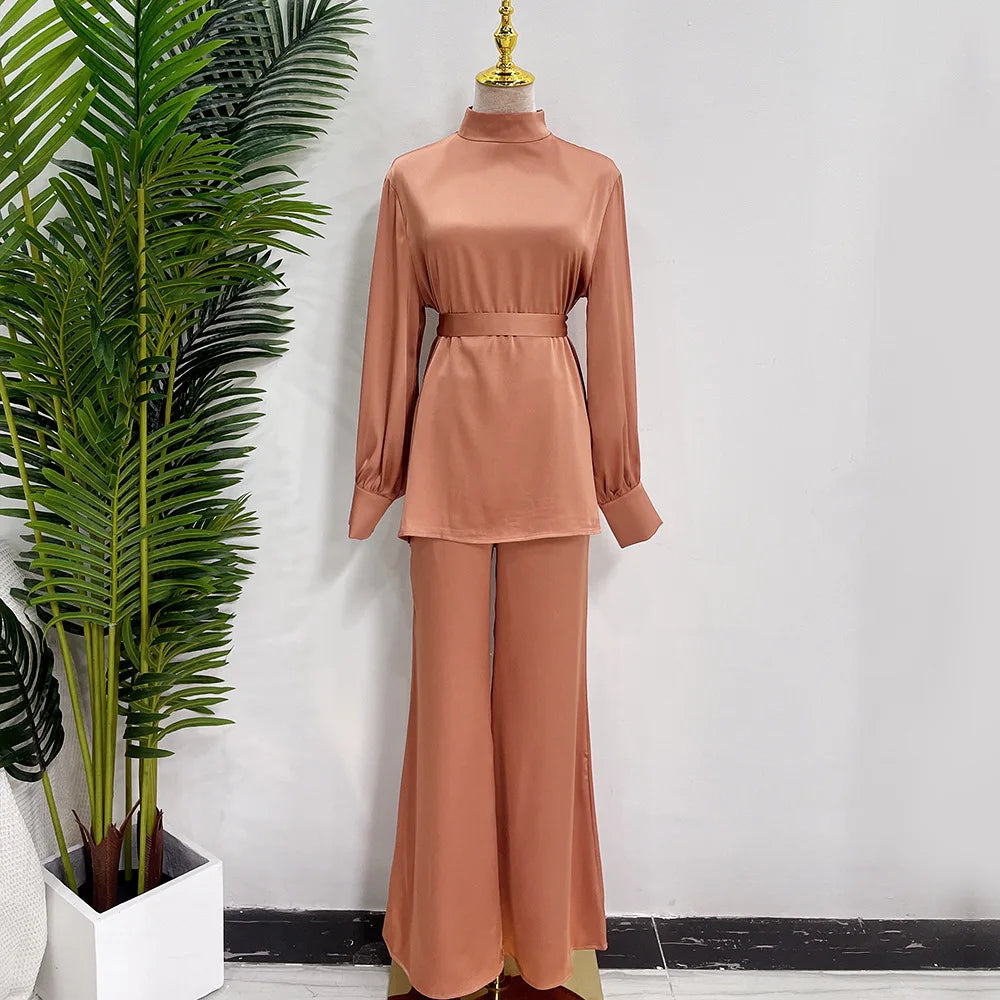 Satin Turkey Dress Two Pieces Trouser Tops Pants Blouse Set Muslim Suit Woman Ramadan Eid Abaya Kaftan Femme Musulmane Ensembles