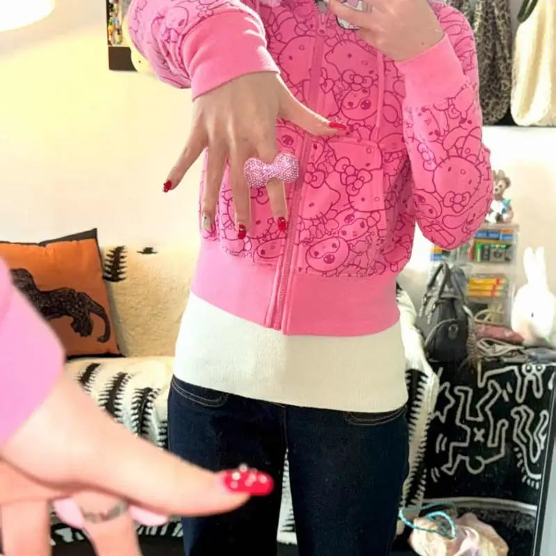 Anime Sanrioed Hello Kittys Hoodie Sweatshirt Y2K Women Zipper Jacket Loose Leisure Tops Spring Autumn Kawaii Student Girls Coat