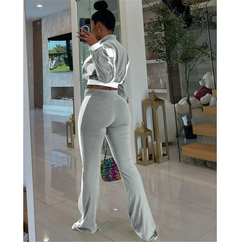 Doyerl Two Piece Sets Woman Tracksuit Sportwear Fitness Long Sleeve Cropped Jacket Top and Flare Pants Jogging Femmes Ensemble