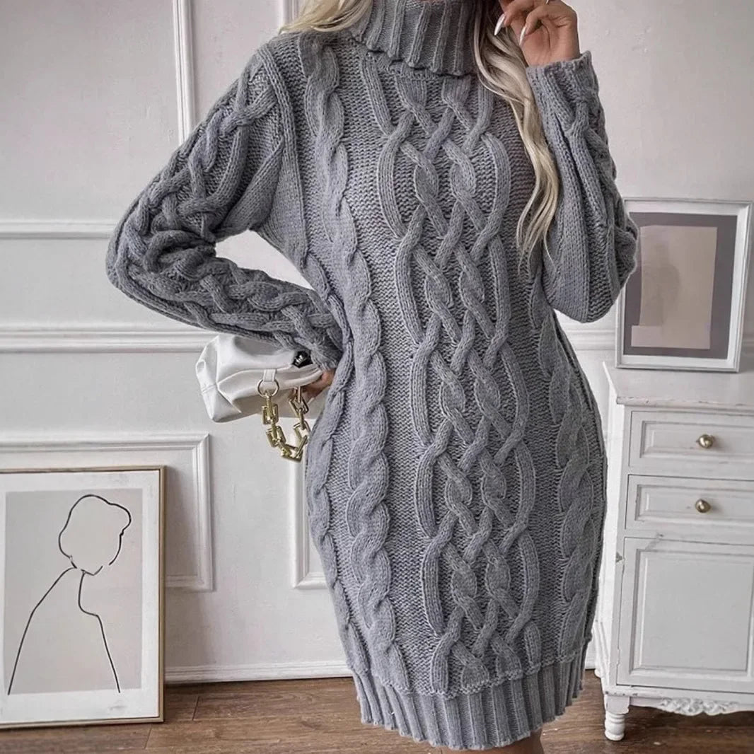 Slim Fit High Collar Knitted Dress Long Sleeve Autumn Winter Women's Fashion Cross-Border Clothing Knee-Length Midi Dress