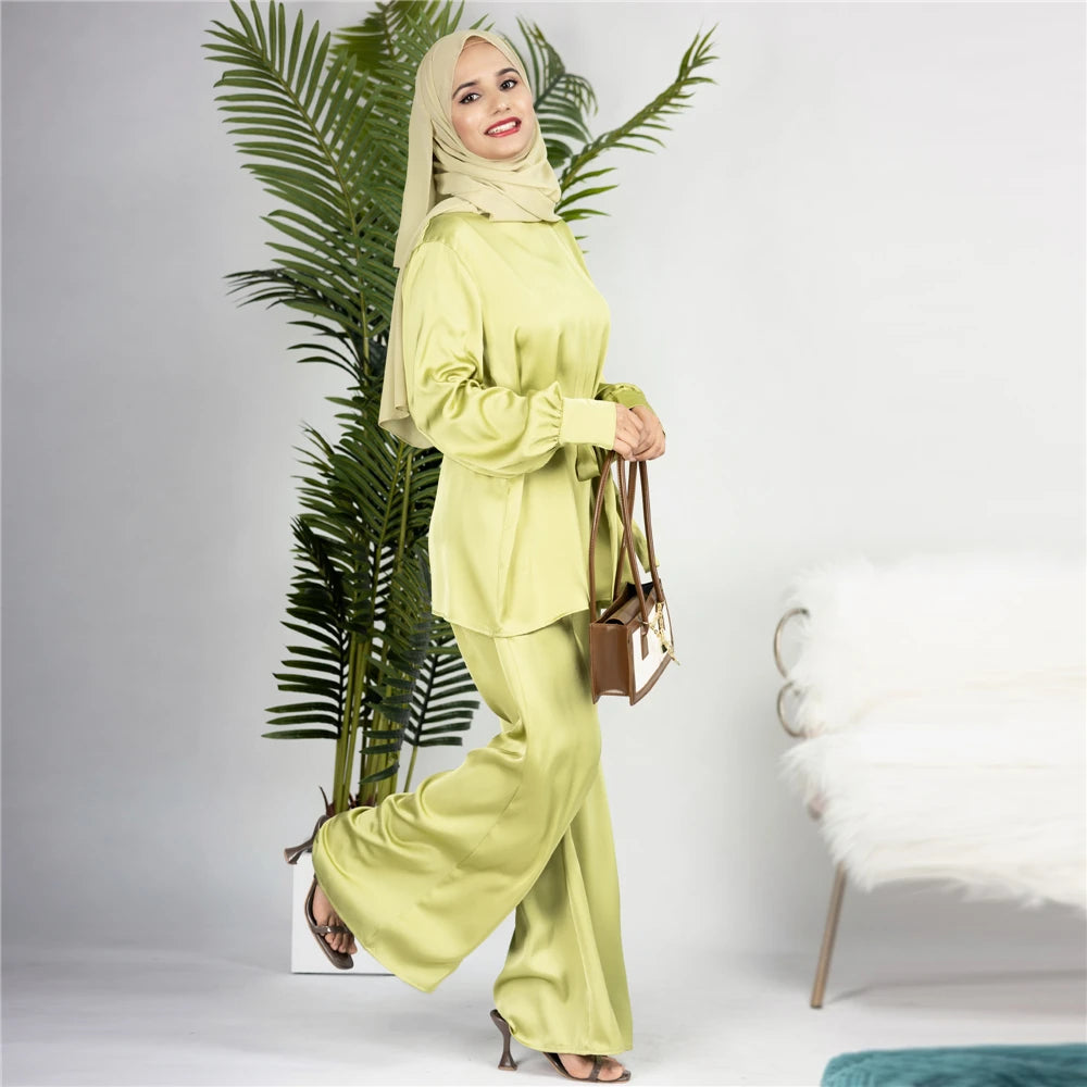 Satin Turkey Dress Two Pieces Trouser Tops Pants Blouse Set Muslim Suit Woman Ramadan Eid Abaya Kaftan Femme Musulmane Ensembles