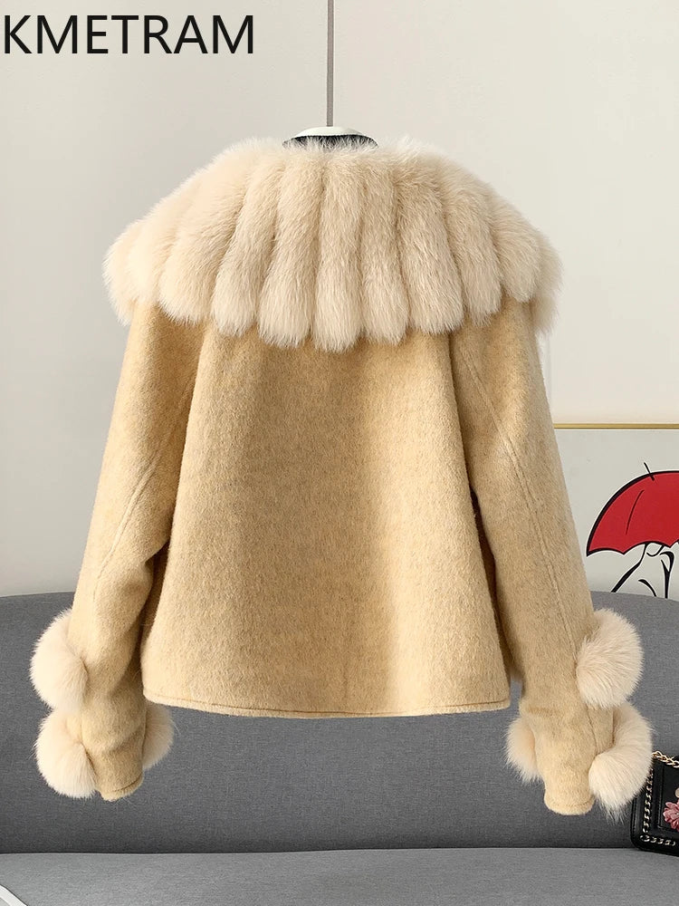 KMETRAM Natural Fox Fur Collar Coat Discount Price With Pockets Warm Fur Winter 2025 New Style Women's Coat manteaux hiver femme