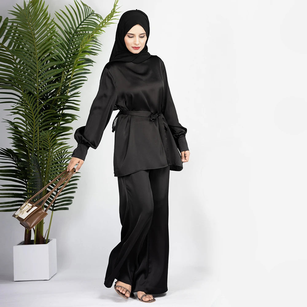 Satin Turkey Dress Two Pieces Trouser Tops Pants Blouse Set Muslim Suit Woman Ramadan Eid Abaya Kaftan Femme Musulmane Ensembles