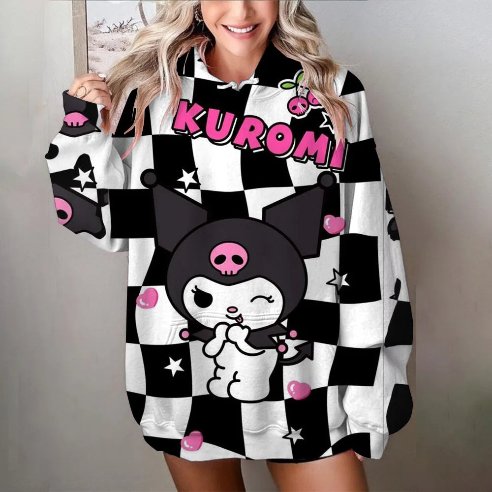 Women Y2K Hoodies Harajuku Hello Kitty Print Loose Sweatshirt Trousers Hip Hop Punk Long Sleeve Pocket Sweatpant Streetwear Tops