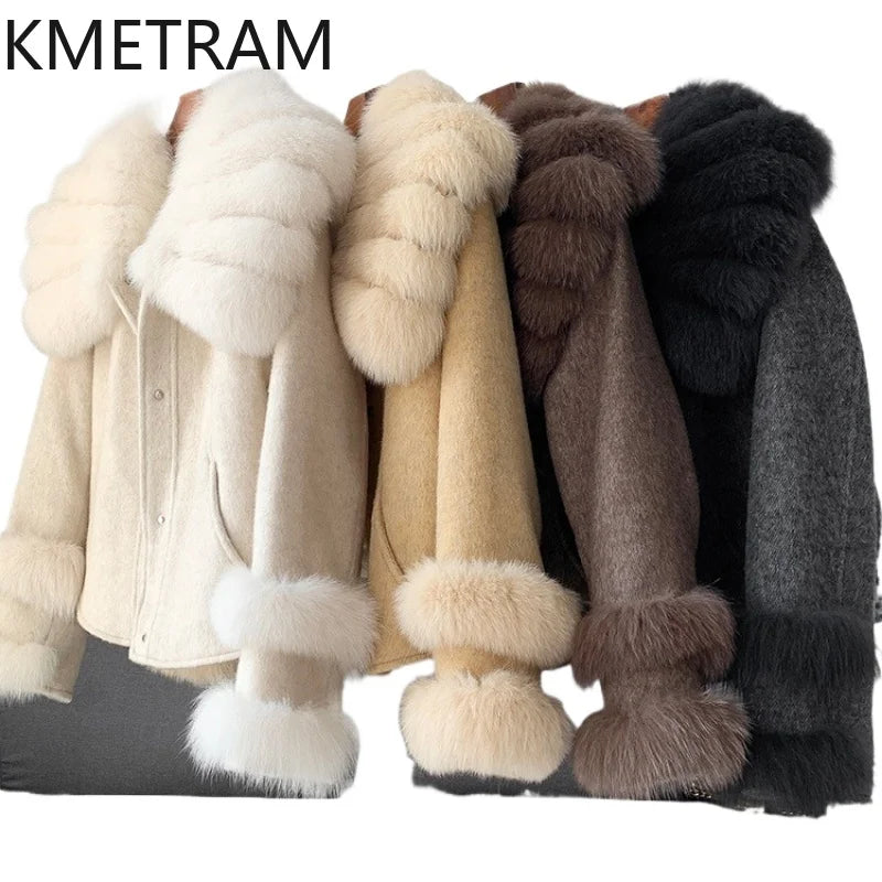 KMETRAM Natural Fox Fur Collar Coat Discount Price With Pockets Warm Fur Winter 2025 New Style Women's Coat manteaux hiver femme