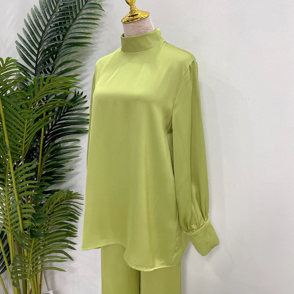 Satin Turkey Dress Two Pieces Trouser Tops Pants Blouse Set Muslim Suit Woman Ramadan Eid Abaya Kaftan Femme Musulmane Ensembles