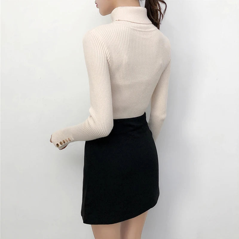 Knitted Turn-down Turtleneck Women Sweater Button Long Sleeve Pullovers Autumn Winter Basic Femme Sweaters Slim Solid Pull Tops
