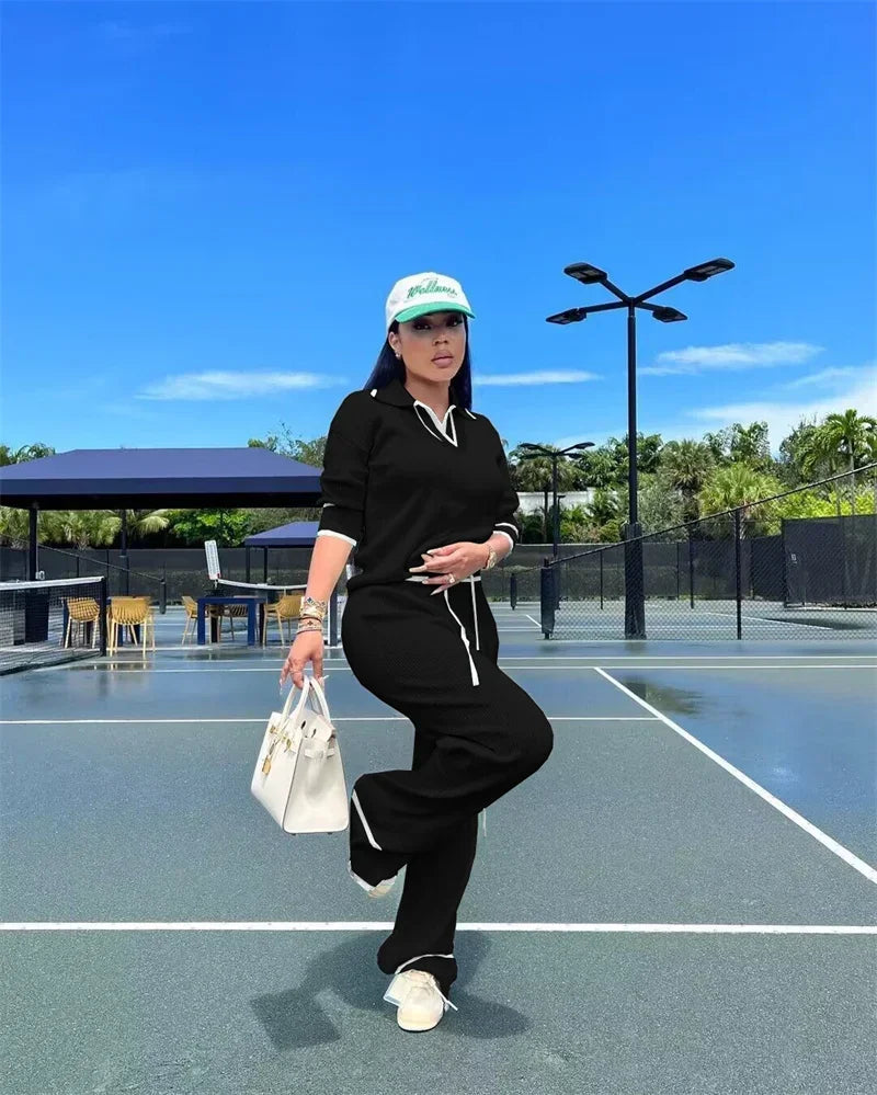 Autumn Winter Knitting Casual Tracksuit for Women Two Piece Set Sportwear Striped Sweater Top and Wide Leg Pants Jogging Femme