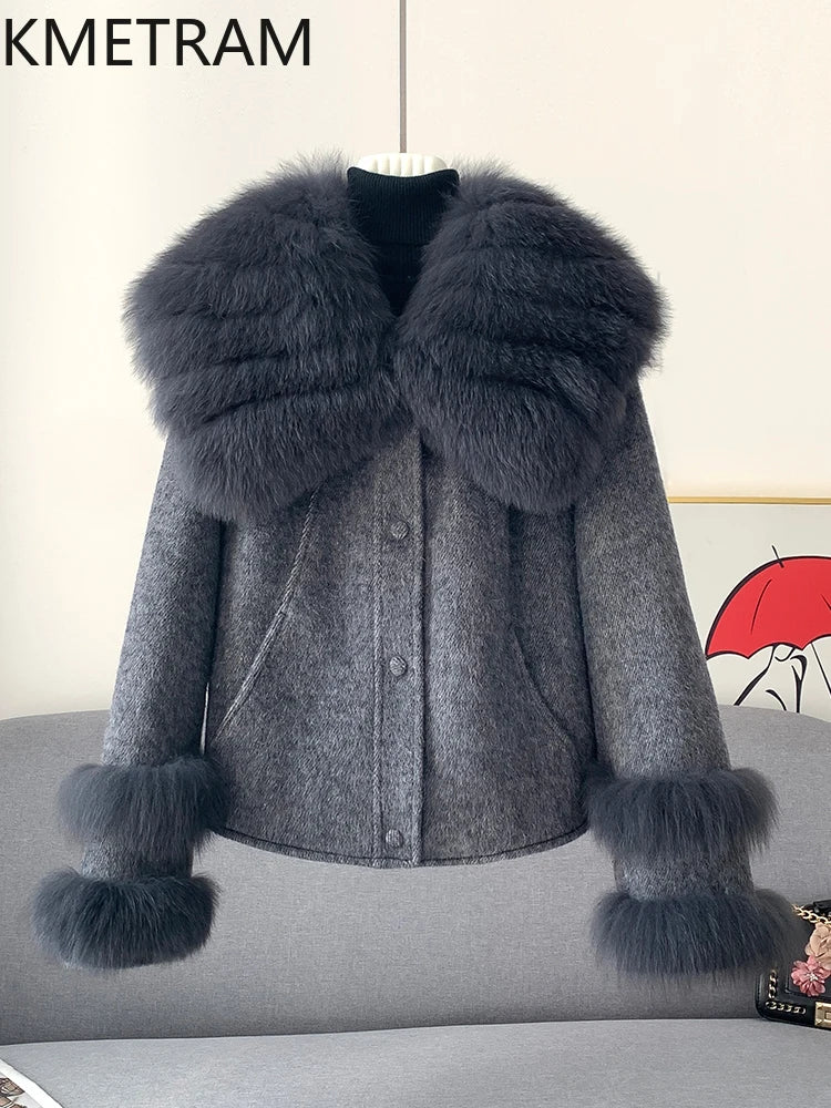 KMETRAM Natural Fox Fur Collar Coat Discount Price With Pockets Warm Fur Winter 2025 New Style Women's Coat manteaux hiver femme