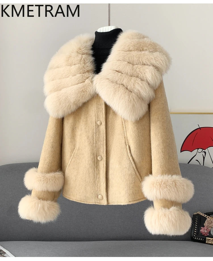 KMETRAM Natural Fox Fur Collar Coat Discount Price With Pockets Warm Fur Winter 2025 New Style Women's Coat manteaux hiver femme
