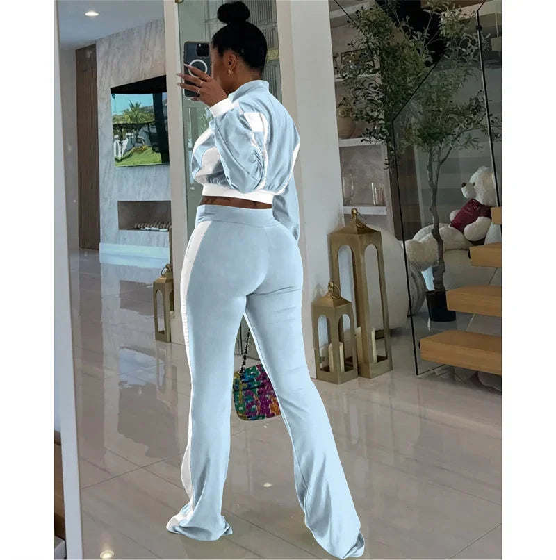 Doyerl Two Piece Sets Woman Tracksuit Sportwear Fitness Long Sleeve Cropped Jacket Top and Flare Pants Jogging Femmes Ensemble