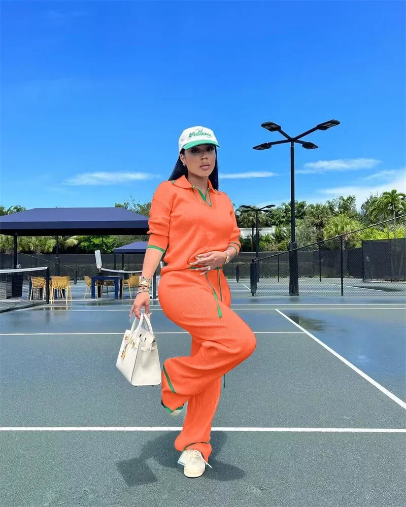 Autumn Winter Knitting Casual Tracksuit for Women Two Piece Set Sportwear Striped Sweater Top and Wide Leg Pants Jogging Femme