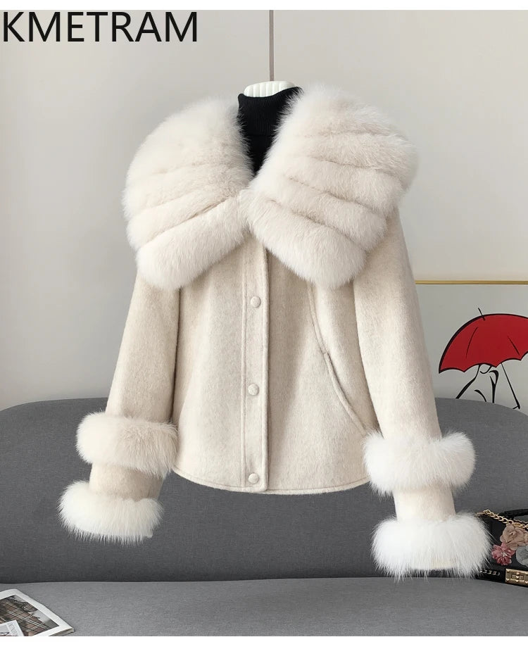 KMETRAM Natural Fox Fur Collar Coat Discount Price With Pockets Warm Fur Winter 2025 New Style Women's Coat manteaux hiver femme