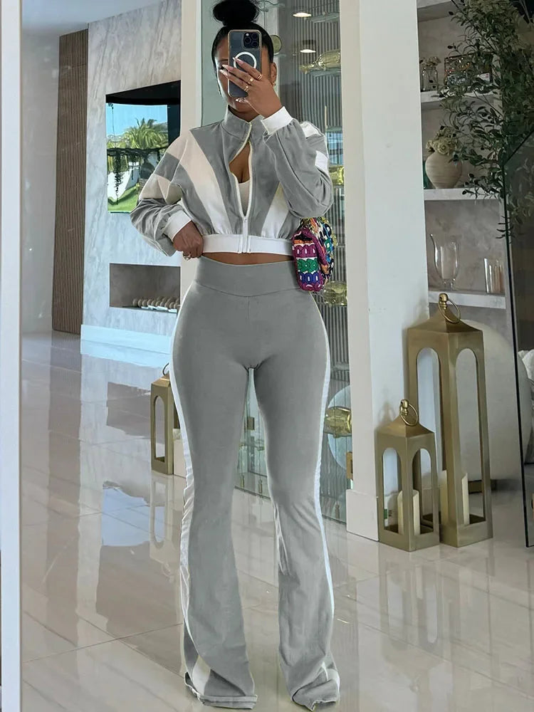 Doyerl Two Piece Sets Woman Tracksuit Sportwear Fitness Long Sleeve Cropped Jacket Top and Flare Pants Jogging Femmes Ensemble