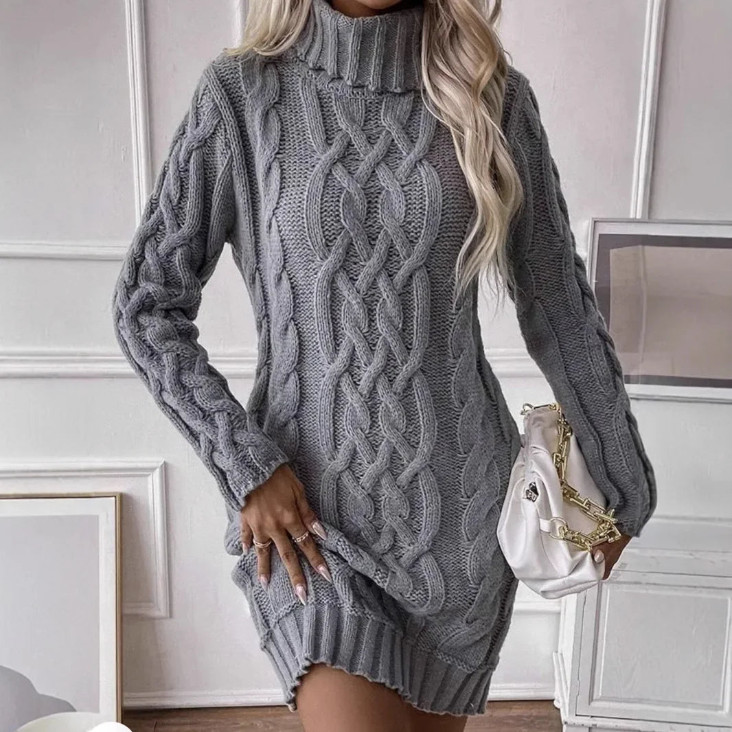 Slim Fit High Collar Knitted Dress Long Sleeve Autumn Winter Women's Fashion Cross-Border Clothing Knee-Length Midi Dress