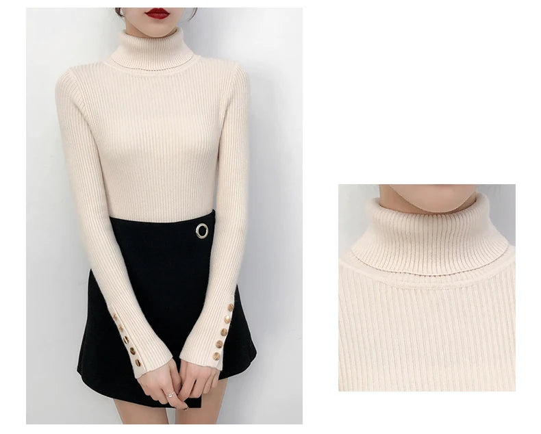 Knitted Turn-down Turtleneck Women Sweater Button Long Sleeve Pullovers Autumn Winter Basic Femme Sweaters Slim Solid Pull Tops