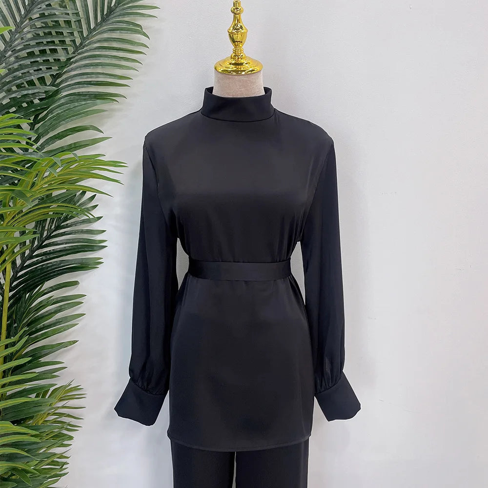 Satin Turkey Dress Two Pieces Trouser Tops Pants Blouse Set Muslim Suit Woman Ramadan Eid Abaya Kaftan Femme Musulmane Ensembles