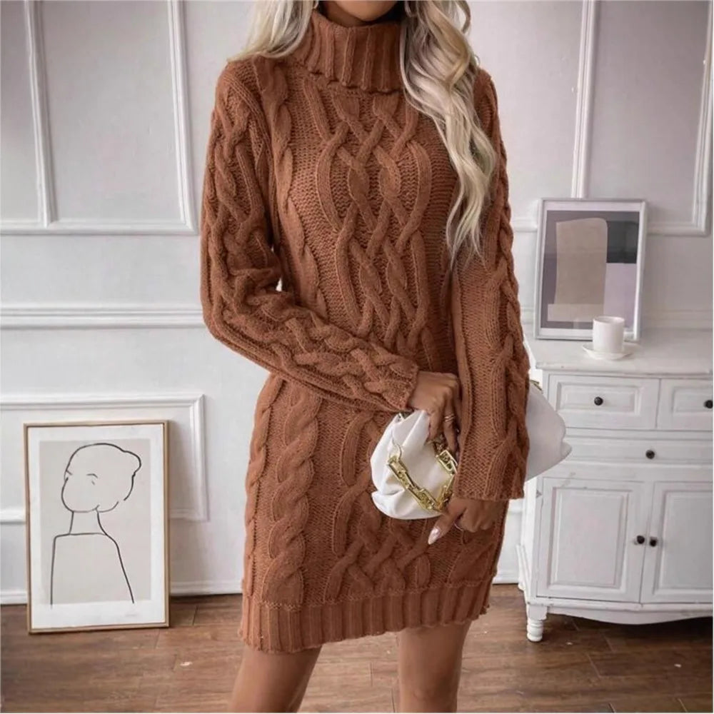 Winter Clothes Woman Pulls Femmes High Neck Vestidos Slim Fit Sweater Knitted Long Sleeve Dress All-match Simple Style Commuting