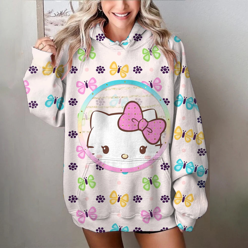 Women Y2K Hoodies Harajuku Hello Kitty Print Loose Sweatshirt Trousers Hip Hop Punk Long Sleeve Pocket Sweatpant Streetwear Tops
