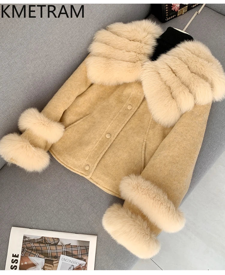 KMETRAM Natural Fox Fur Collar Coat Discount Price With Pockets Warm Fur Winter 2025 New Style Women's Coat manteaux hiver femme