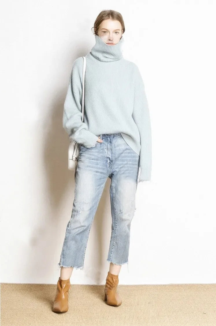 DY Wool Women's Sweater Autumn Winter Warm Turtlenecks Casual Loose Oversized Lady Sweaters Knitted Pullover Top Pull Femme