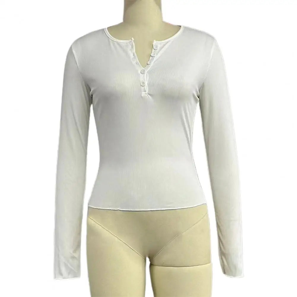Women Autumn Spring Top O Neck Button Long Sleeve Slim Fit Pullover Soft Breathable Elastic Simple Style Women T-shirt Blouse