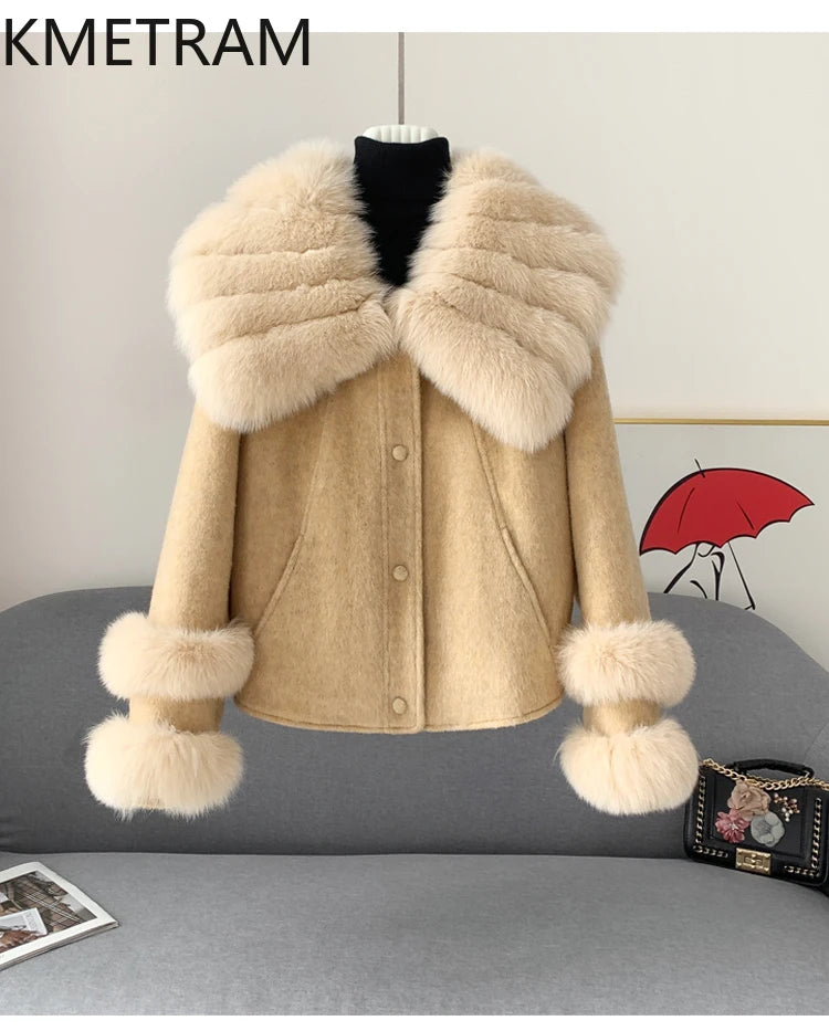 KMETRAM Natural Fox Fur Collar Coat Discount Price With Pockets Warm Fur Winter 2025 New Style Women's Coat manteaux hiver femme