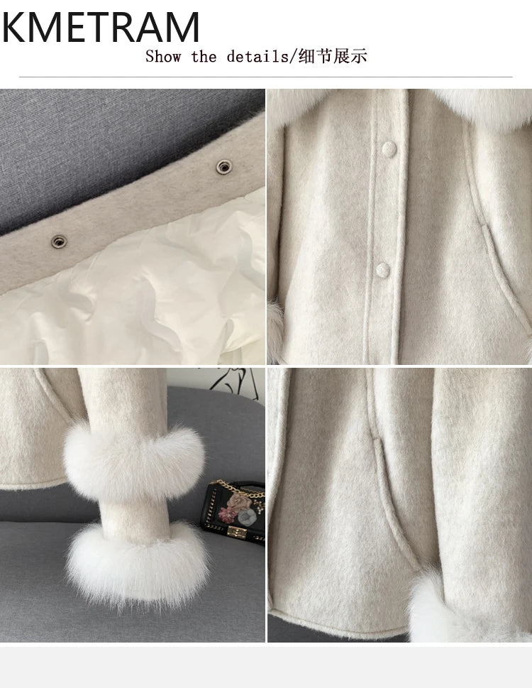KMETRAM Natural Fox Fur Collar Coat Discount Price With Pockets Warm Fur Winter 2025 New Style Women's Coat manteaux hiver femme