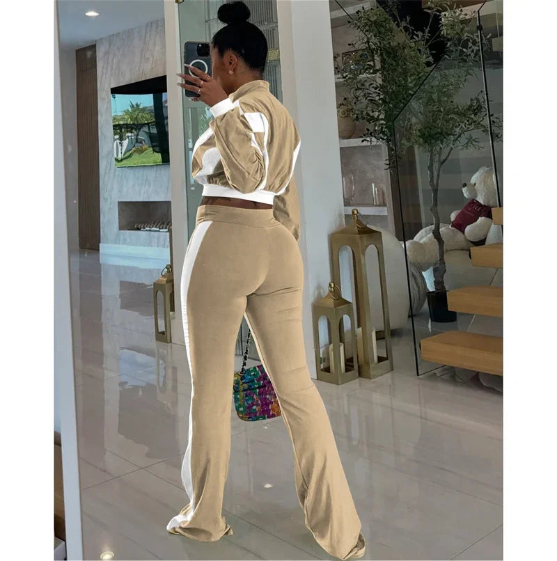 Doyerl Two Piece Sets Woman Tracksuit Sportwear Fitness Long Sleeve Cropped Jacket Top and Flare Pants Jogging Femmes Ensemble