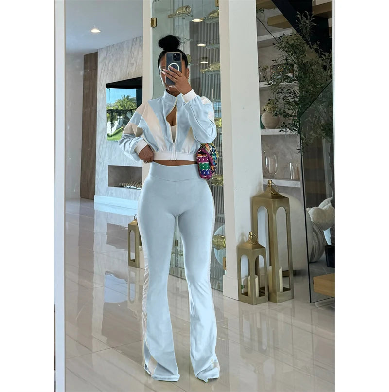 Doyerl Two Piece Sets Woman Tracksuit Sportwear Fitness Long Sleeve Cropped Jacket Top and Flare Pants Jogging Femmes Ensemble